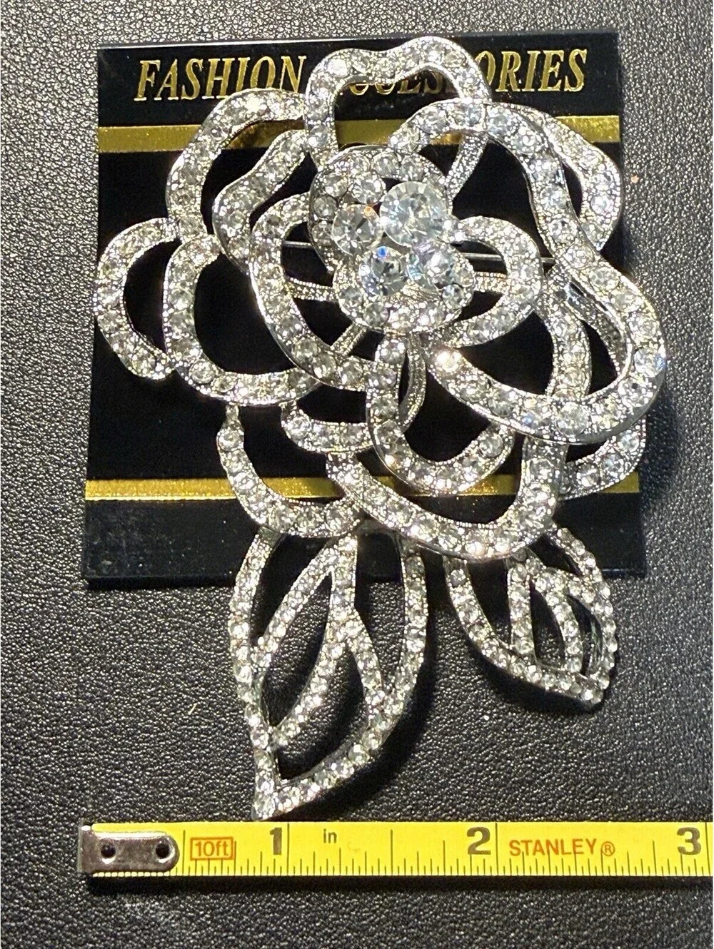 NEW Vintage 2000s Rose Statement Brooch Silver Tone Pavé Rhinestone, 3x4”